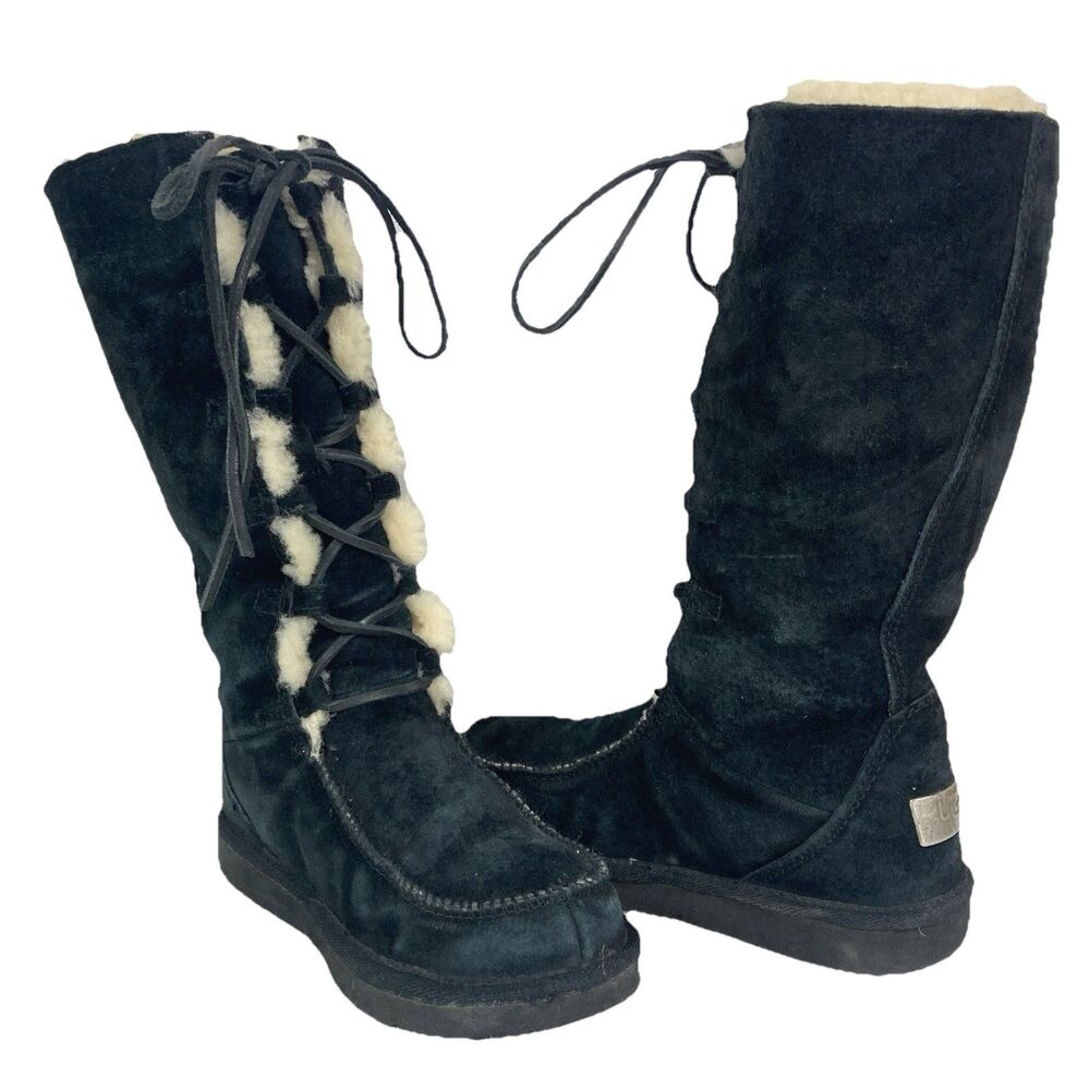 Ugg Uptown II Women's Sz 5 Black Leather Sheepskin Shearling Lined Mid-Calf 5190